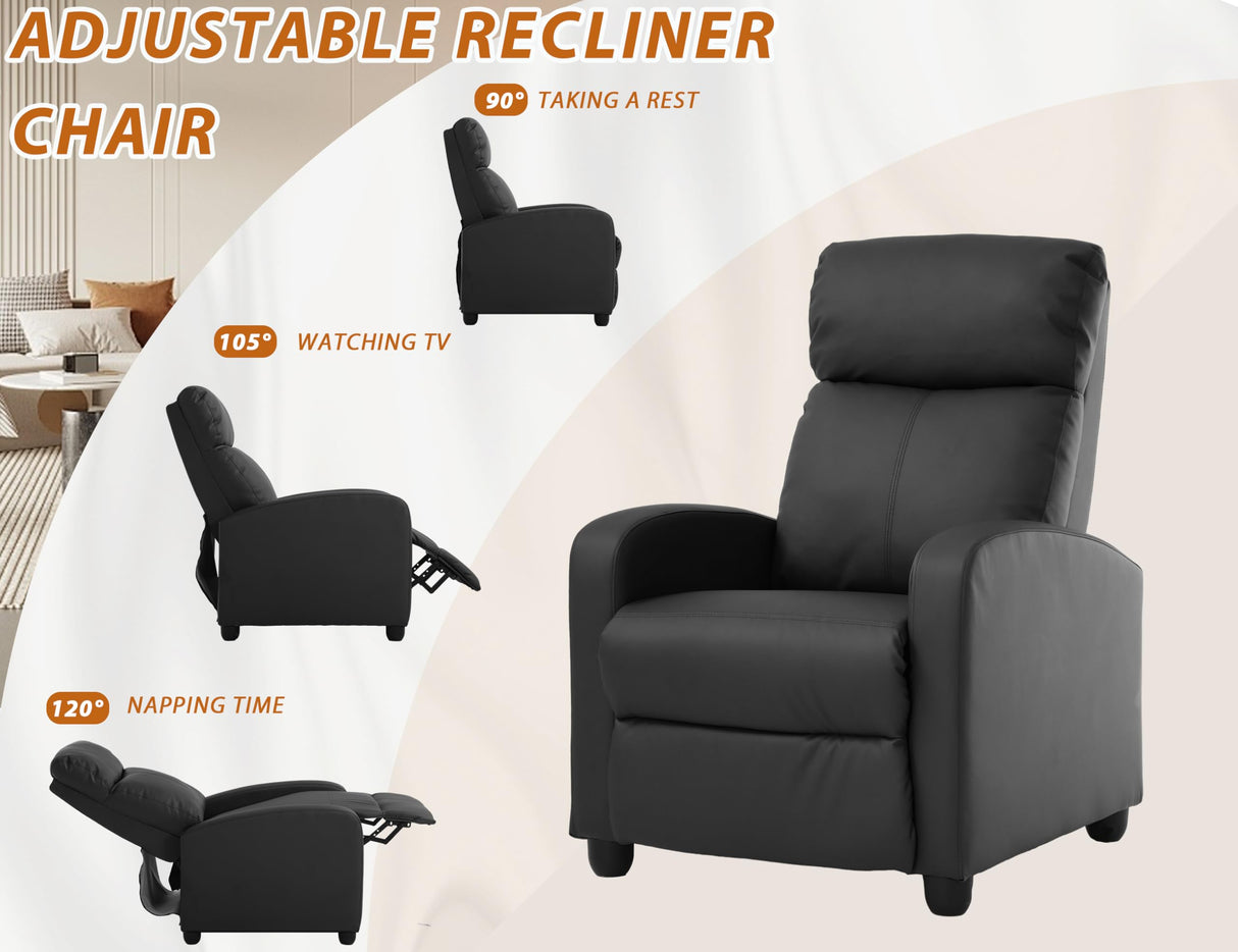 Leather Recliner Chair,Movie Theater Chairs,Single Sofa Chair Pu Leather With Footrest,Wall Hugger Recliners Chairs For Adults,Lounge Chair Indoor Recliner Chair Armchair For Living Room,Bedroom-BLACK Ckofgdsue