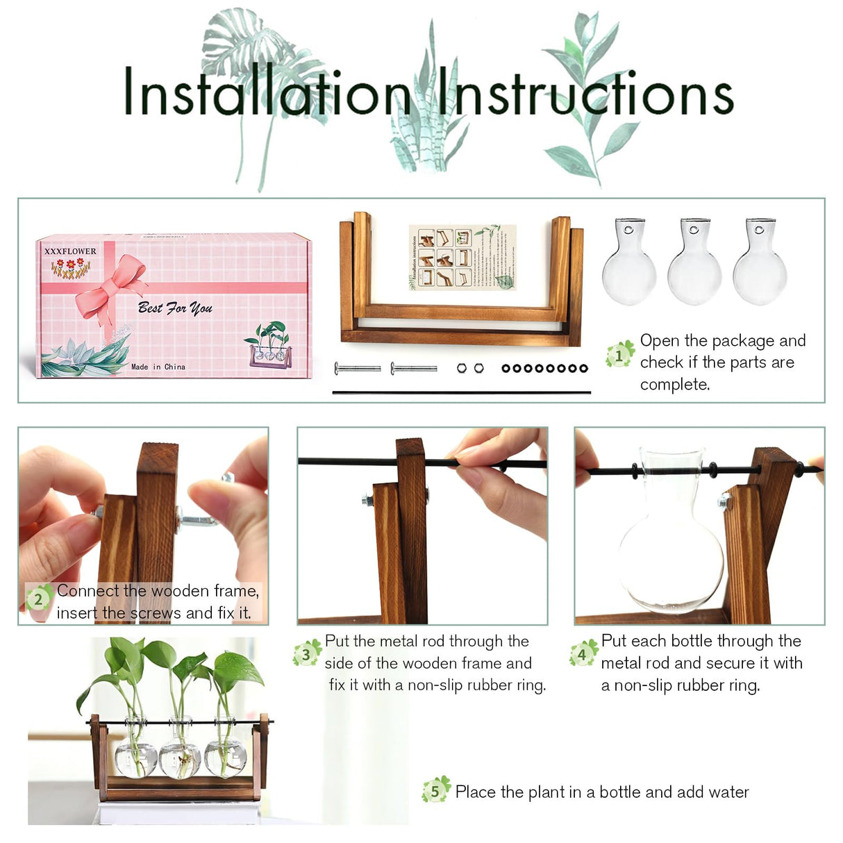XXXFLOWER Plant Terrarium with Wooden Stand, Air Planter Bulb Glass Vase Metal Swivel Holder Retro Tabletop for Hydroponics Home Garden Office Decoration - 3 Bulb Vase XXXFLOWER