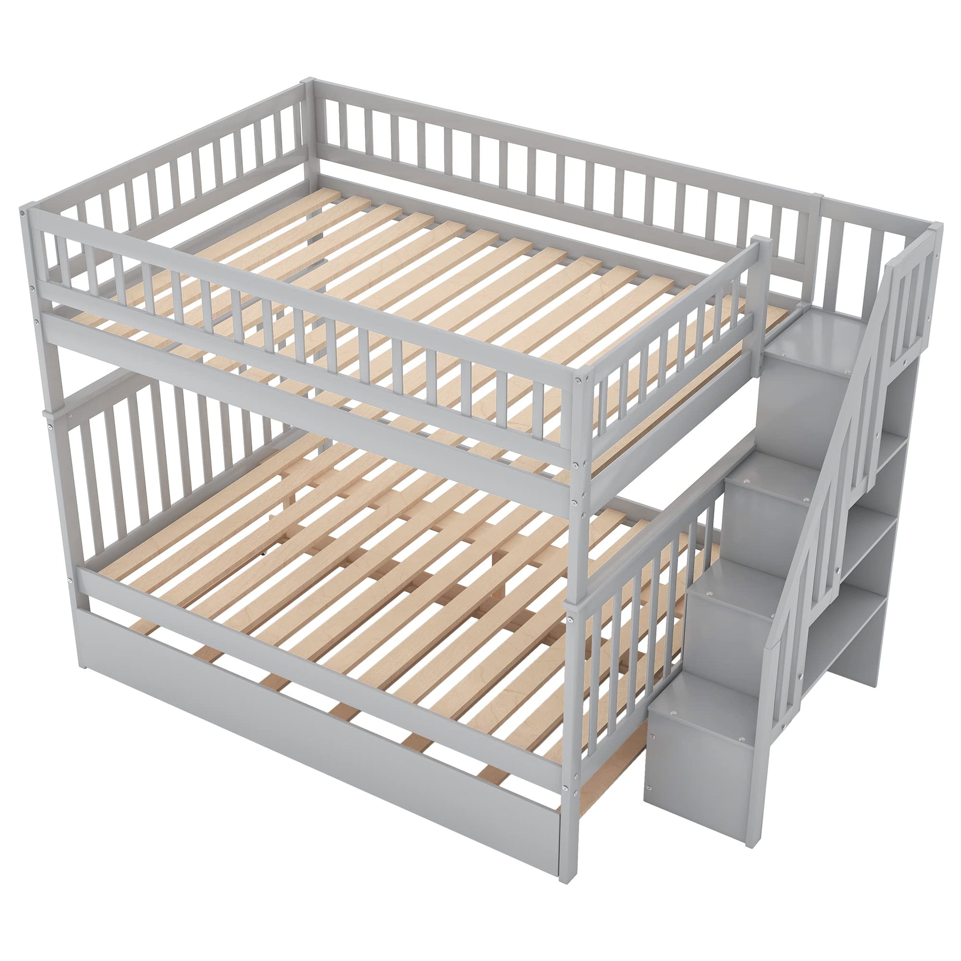 Merax Grey Full-Over-Full Stairway Bunk Bed with Trundle, Convertible into 3 Beds - WoodArtSupply