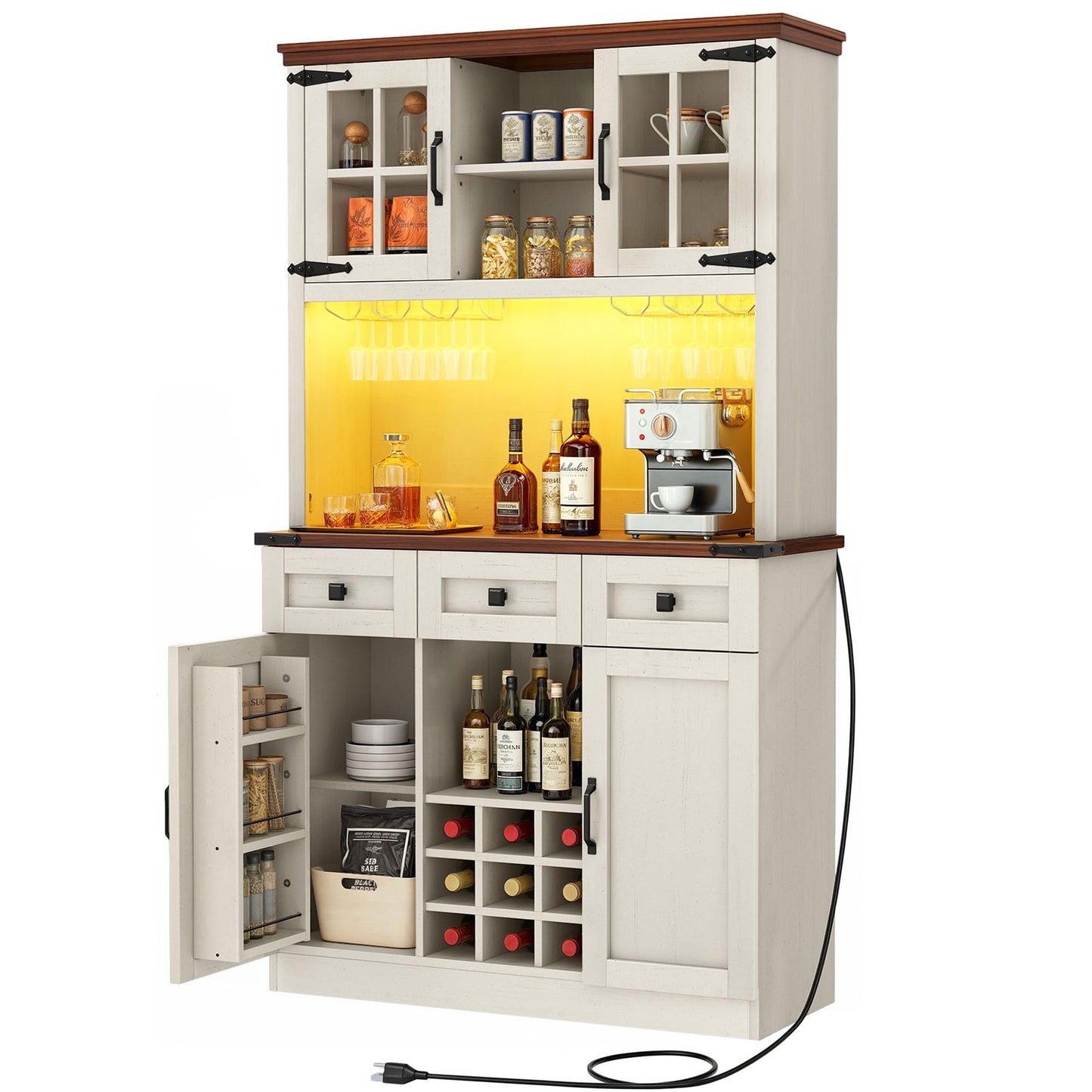 DWVO Coffee Bar Cabinet with Power Outlet/Lights, 72" Farmhouse Pantry Cabinet with Storage Shelves and 3 Drawers, Tall Liquor Cabinet Bar Cabinets for Home/Living Room, Antique White