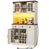 DWVO Coffee Bar Cabinet with Power Outlet/Lights, 72" Farmhouse Pantry Cabinet with Storage Shelves and 3 Drawers, Tall Liquor Cabinet Bar Cabinets for Home/Living Room, Antique White DWVO