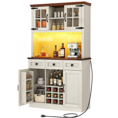 DWVO Coffee Bar Cabinet with Power Outlet/Lights, 72" Farmhouse Pantry Cabinet with Storage Shelves and 3 Drawers, Tall Liquor Cabinet Bar Cabinets for Home/Living Room, Antique White