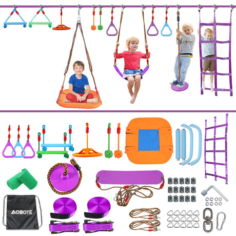 AOBOTE Ninja Warrior Obstacle Course for Kids,2x56ft Slackline with 12 Accessories,Saucer Swing with 360 Degree Rotating Wheel,Ninja Course for Kids Outside(AB010001-3) AOBOTE