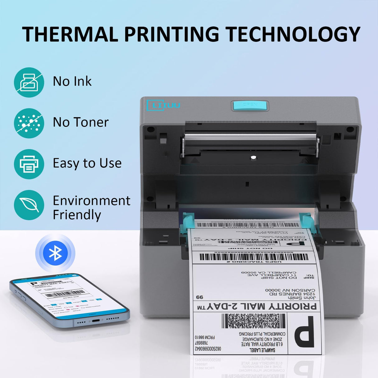LIIUU Thermal Shipping Label Printer Bluetooth, 4x6 Label Printer for Shipping Packages, Support iOS, iPhone, iPad, Android, Mac, Windows, Widely Used for Amazon, UPS, USPS, Ebay, Etsy LIIUU