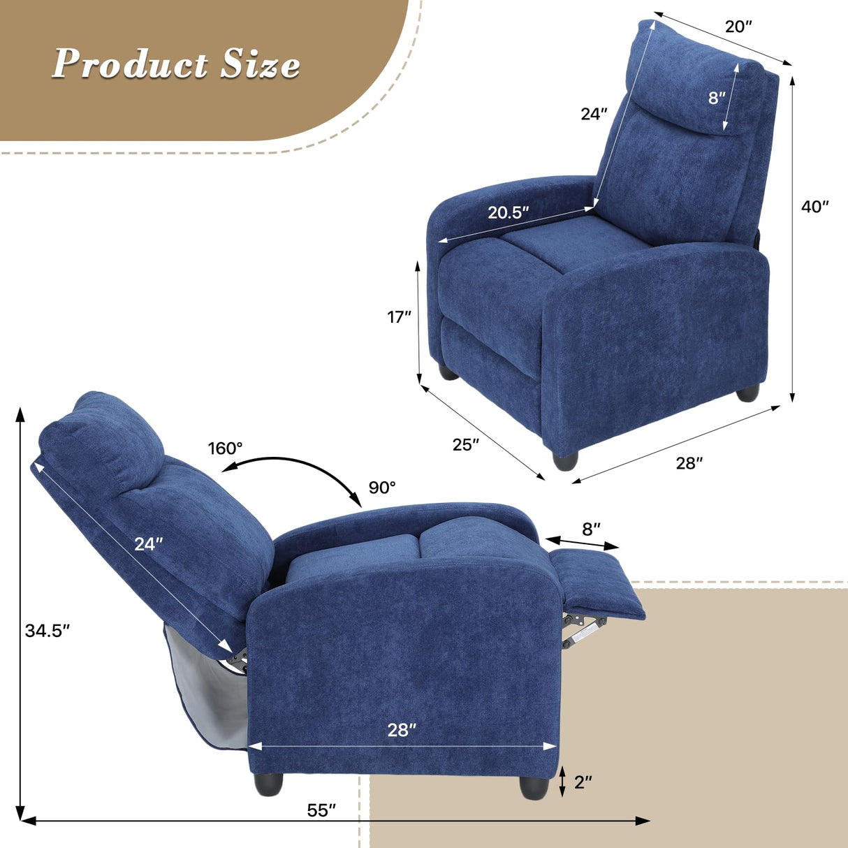 Athena Collection Recliner Chair, Reclining Lounge Chair with Adjustable Backrest and Footrest for Adults, Linen Upholstered Small Recliner Single Sofa for Small Space, Living Room, Bedroom, Blue Athena Collection