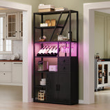 GAOMON Bar Cabinet with Power Outlets, 71.2" Tall Wine Liquor Cabinets with LED Lights and Glass Holder, Coffee Bar Station for Living Room, Microwave Stand Bakers Rack Cabinets GAOMON