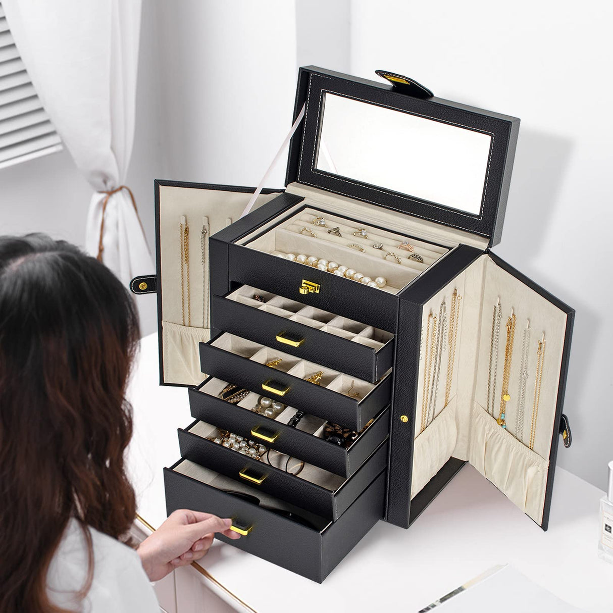 AKOZLIN Huge Jewelry Box Organizer Functional Lockable, Large Leather Jewelry Storage Case for Women Girls Ring Necklace Earring Bracelet Holder Organizer with Mirror AKOZLIN