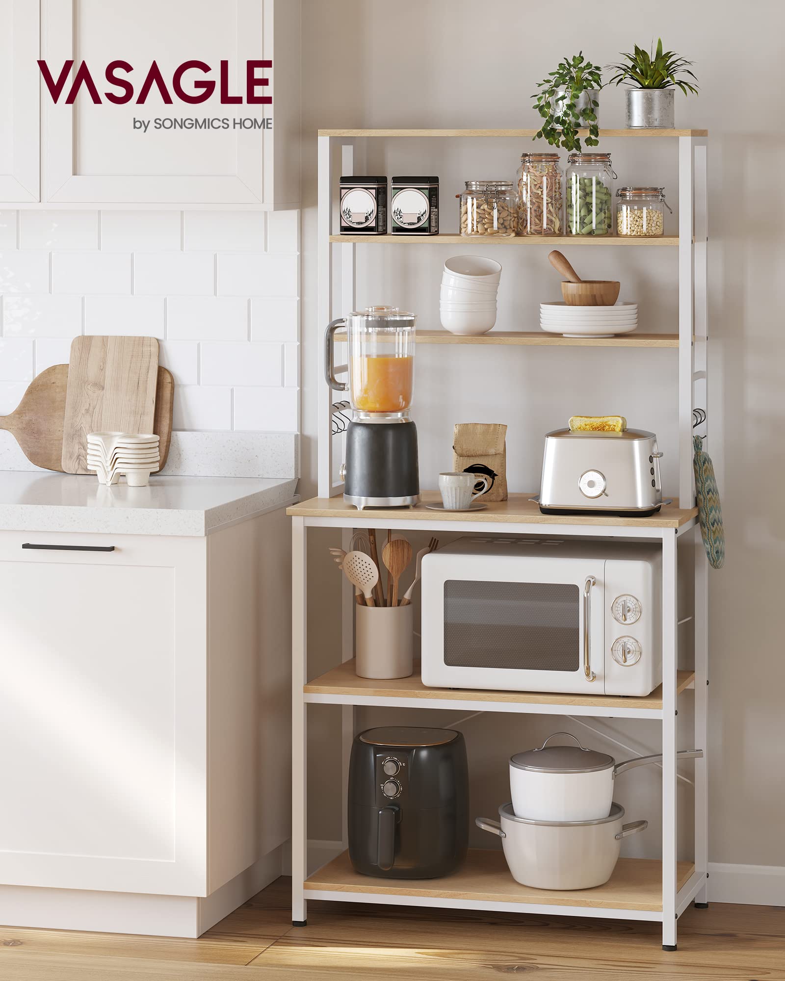 VASAGLE Oak + White 6-Tier Kitchen Baker's Rack with Adjustable Shelves & Hooks - WoodArtSupply