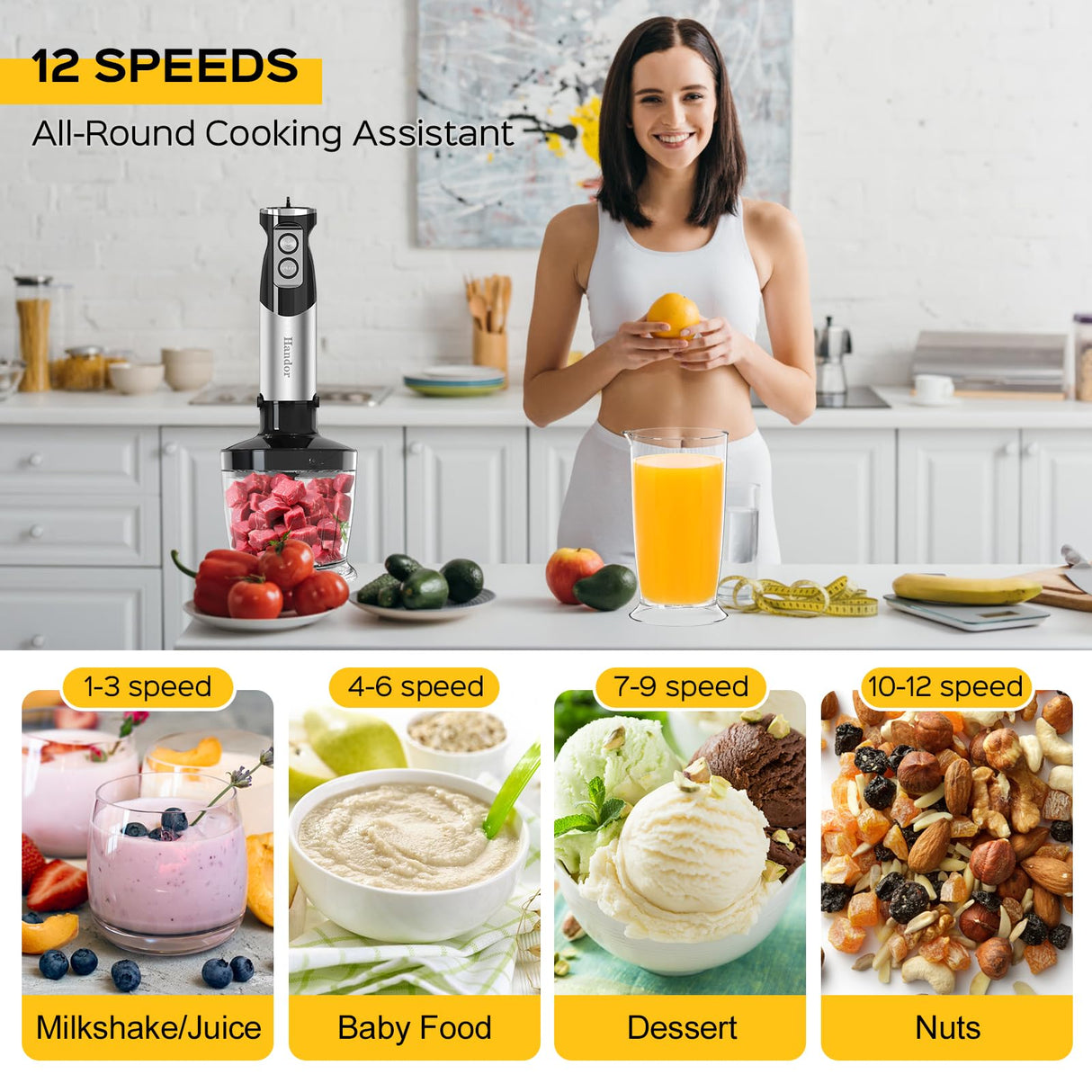 1000W 6-in-1 Immersion Blender Handheld, 12 Speed Hand Blender with 600ml Mixing Beaker, 500ml Chopper, 304 Stainless Steel Blades, Whisk, Milk Frother For Soup, Smoothie, Sauce, Pureel Danett