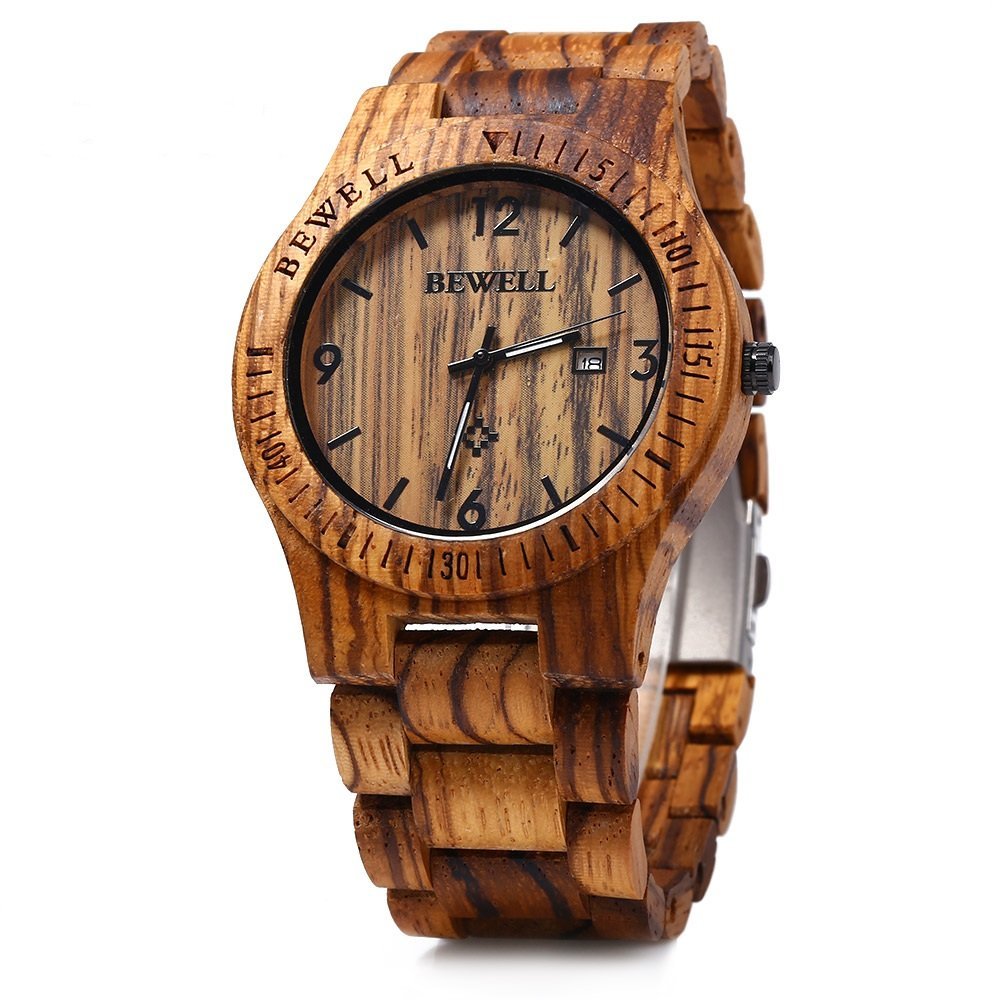BEWELL W086B Mens Wooden Watch Analog Quartz Lightweight Handmade Wood Wrist Watch (Zebra Wood) BEWELL