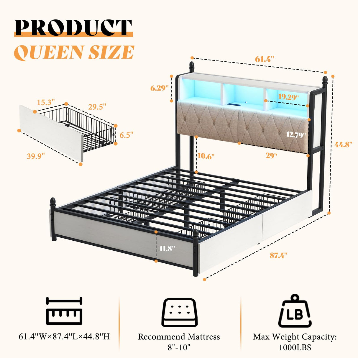 AMERLIFE Queen Bed Frame with Bookcase Headboard and 4 Storage Drawers, Wooden Platform Bed with Charging Station and LED Light, No Box Spring Needed/Noise-Free, White AMERLIFE