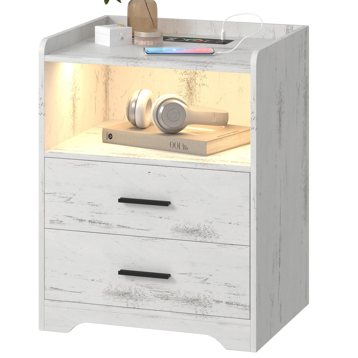 dnbss LED Nightstand with Wired/Wireless Charging Station, Night Stand with 24-Color RGB Lights, Modern Side Table, Smart Nightstands Bedside Table with Drawers for Bedroom, Wood White dnbss