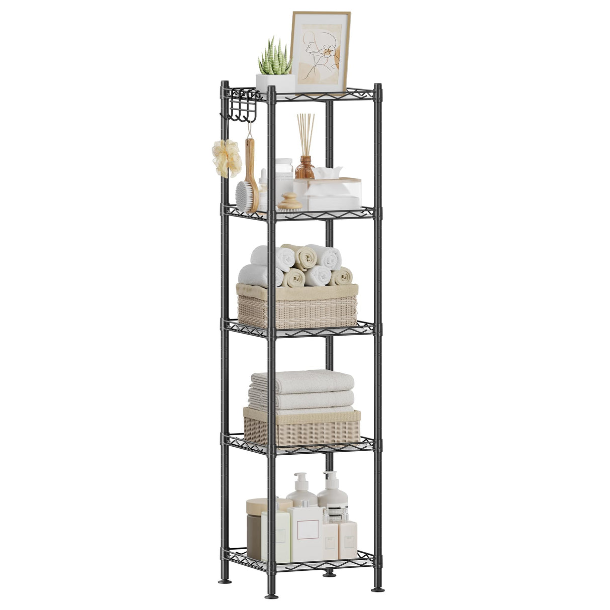 SONGMICS 5-Tier Bathroom Shelf, Storage Rack for Small Space, with 5 PP Shelf Liners, Removable Hook, Extendable Design, Ink Black and Translucent ULGR23BK SONGMICS