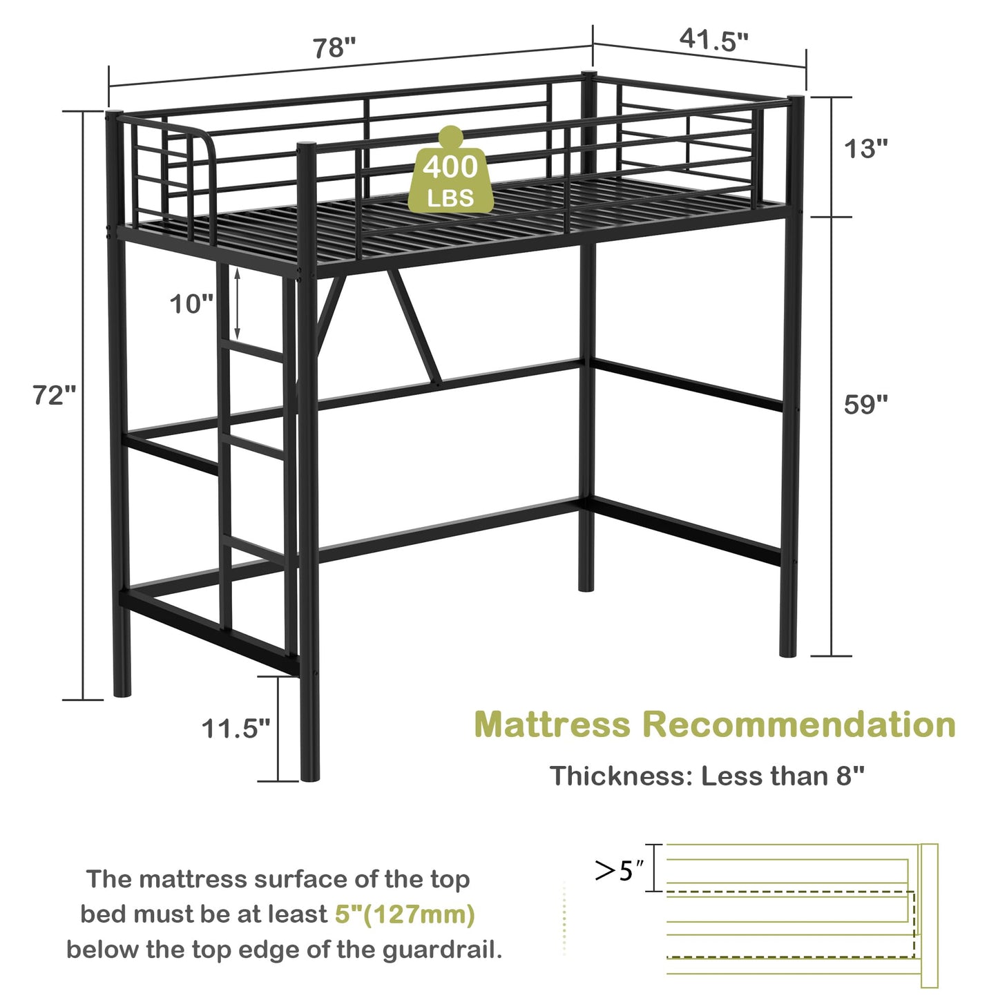 VECELO Metal Loft Bed Twin Size, Heavy Duty Bedframe with Removable Ladder and Safety Guardrail, Space-Saving, Noise Free, No Box Spring Needed, Black