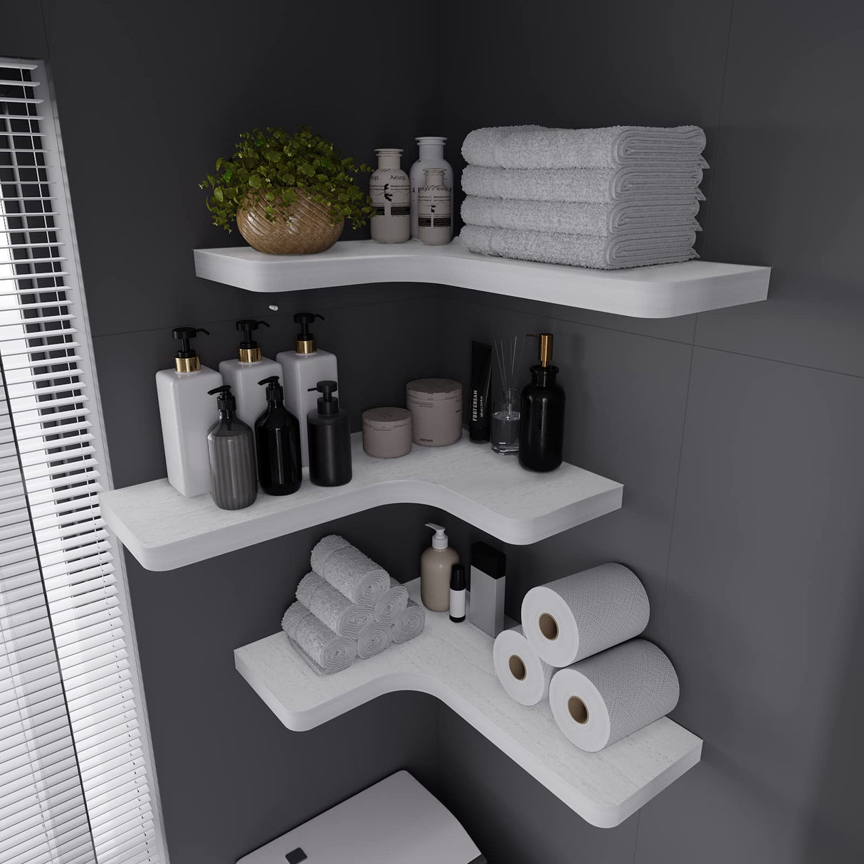 SAUMONIERES Corner Floating Shelves Wall Mount Shelf Solid Wood for Bedroom Bathroom Room Kitchen Storage Set of 3, White, Invisible Brackets SAUMONIERES