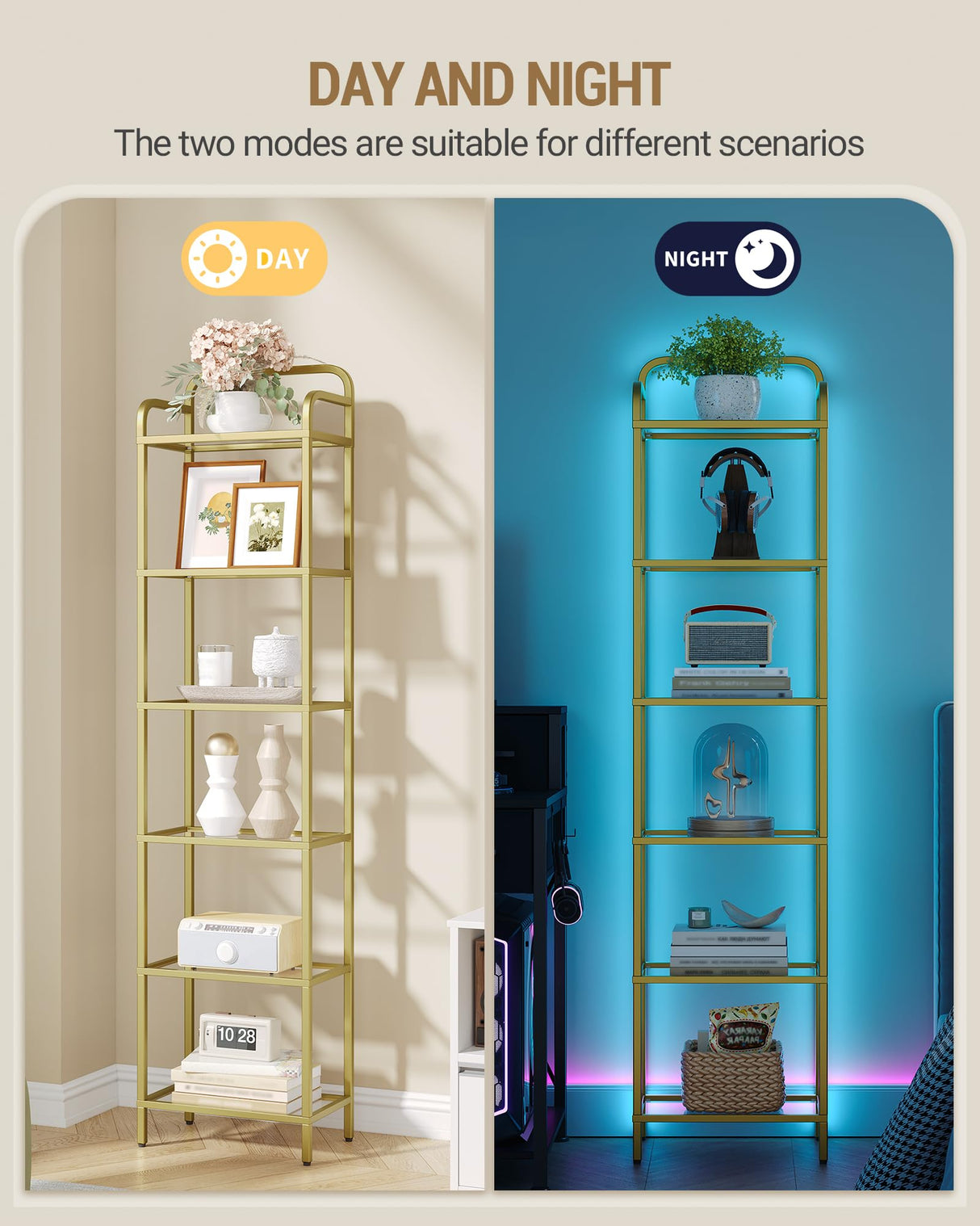 Hzuaneri Bookshelf, Tall Narrow Bookcase with LED Lights, Tempered Glass Bookshelves with Steel Frame, Display Shelf, Slim Shelving Unit for Living Room, Bedroom, 9.6"D x 15.4"W x 66.5"H Gold BC34699G Hzuaneri