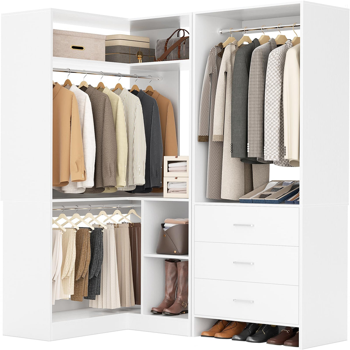 Aheaplus Closet System with 3 Drawers, 2 Hanging Rods & Corner Tower, Corner Closet System with Hanging, L-Shaped Walk-In Wardrobe Organizer, 1300+ lbs Capacity, Set of 2, White Aheaplus