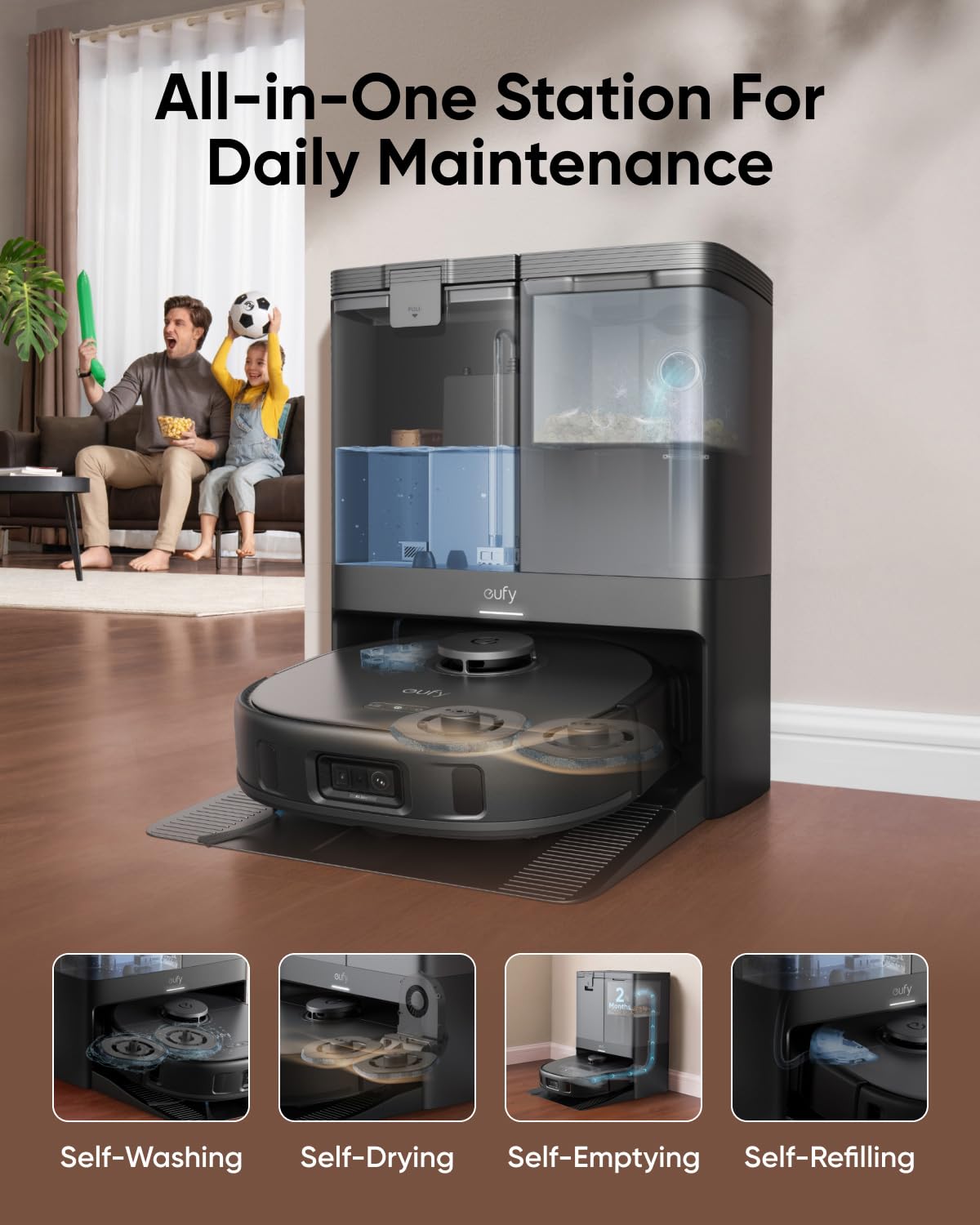 eufy X10 Pro Omni Robot Vacuum and Mop Combo, 8,000 Pa Suction, Dual Mops with 12 mm Auto-Lift and Carpet Detection, AI Obstacle Avoidance, Auto Mop Washing, Auto Drying, Self-Emptying, Self-Refilling eufy