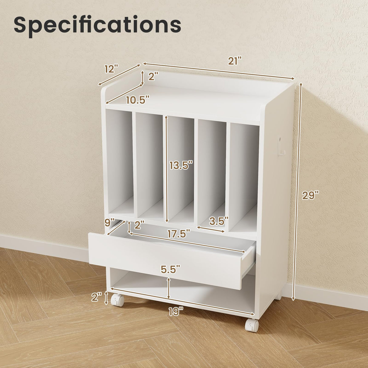 LOKO Record Player Table on Wheels, Turntable Stand with Pull-Out Drawer & Open Shelf, Rolling Storage Cabinet, Vinyl Record Display Rack Holds Up to 180 Albums, for Living Room Bedroom Study (White) LOKO