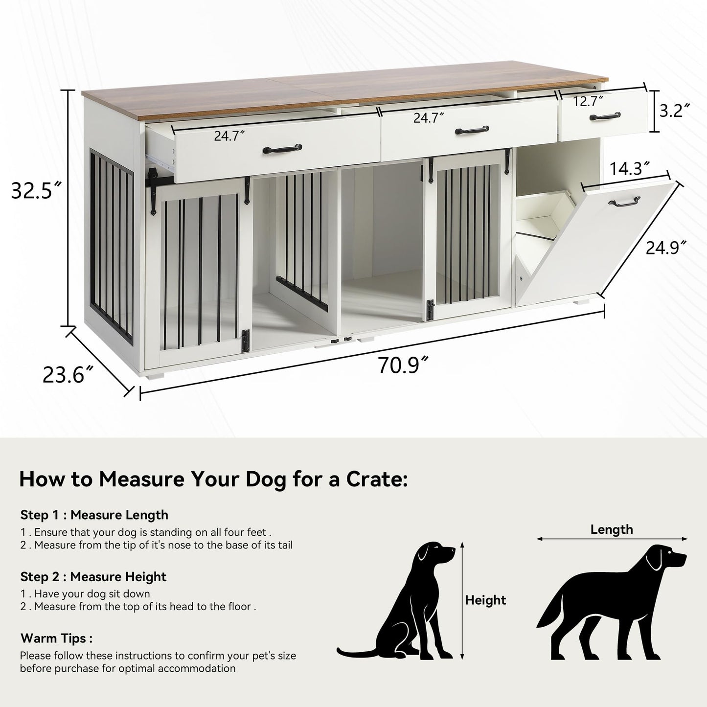 71" Furniture Dog Crate for 2 Dogs, Double Dog Furniture Crate, Furniture Dog Cage Indoor for Large Medium Small Dogs, Wood Dog Kennel with Tilt Out Cabinet, Drawers, Divider and Sliding Door - WoodArtSupply