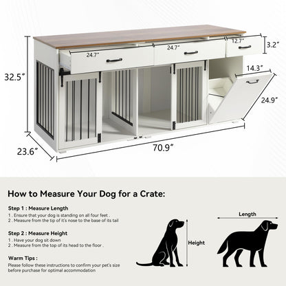 71" Furniture Dog Crate for 2 Dogs, Double Dog Furniture Crate, Furniture Dog Cage Indoor for Large Medium Small Dogs, Wood Dog Kennel with Tilt Out Cabinet, Drawers, Divider and Sliding Door - WoodArtSupply