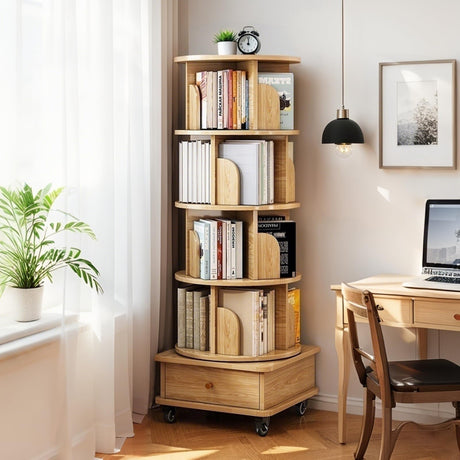 Merax 5 Tier Rotating Bookshelf, 360°Display Round Spinning Bookcase with Wheels, Small Space Book Case Tower for Bedroom Living Room Home Office,Wood Color Merax