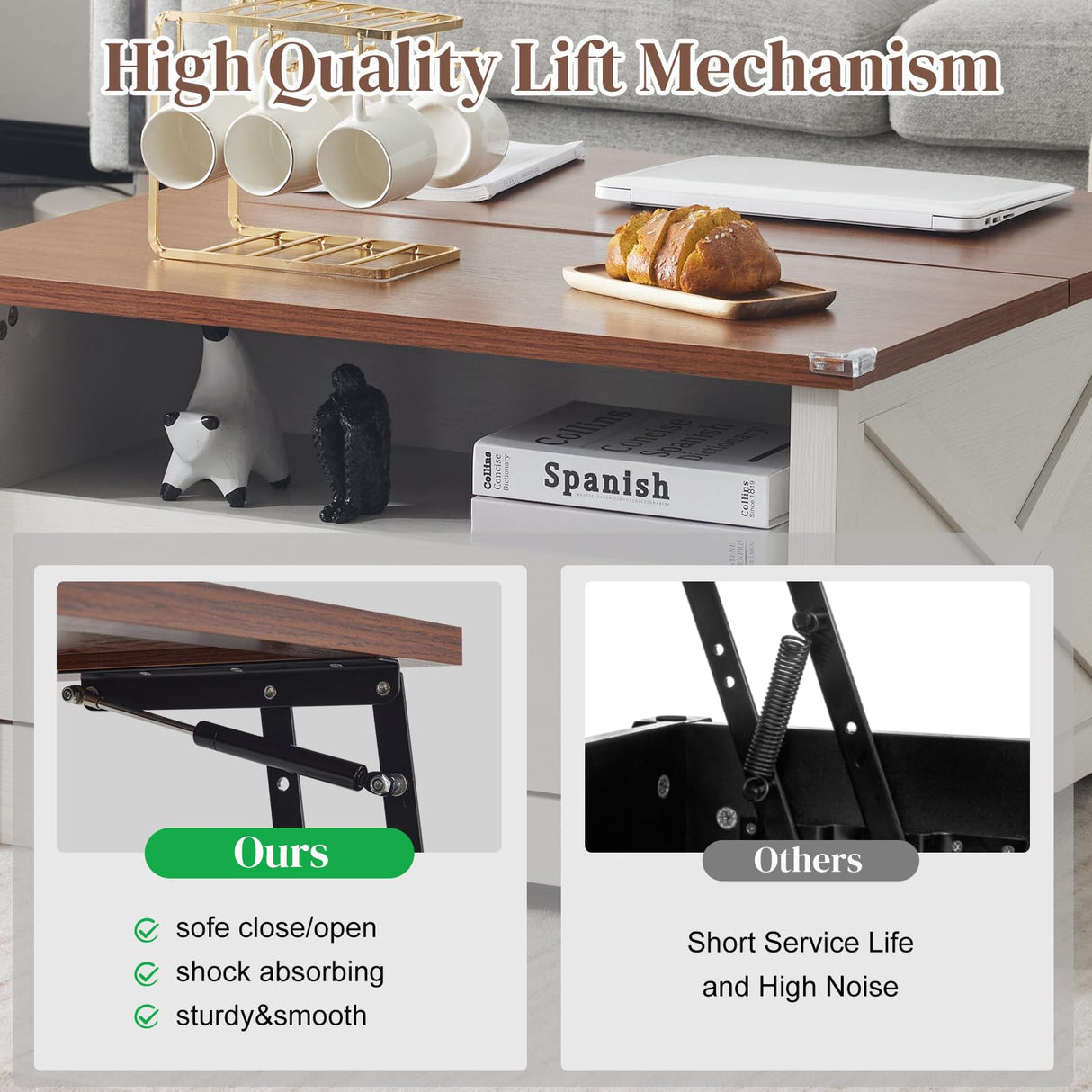 Karl home Coffee Table with Lifting Top, Farmhouse Coffee Table with Storage, Wood Square Coffee Table, Living Room Coffee Table, Center Table, Cocktail Table, 31.5", White Karl home