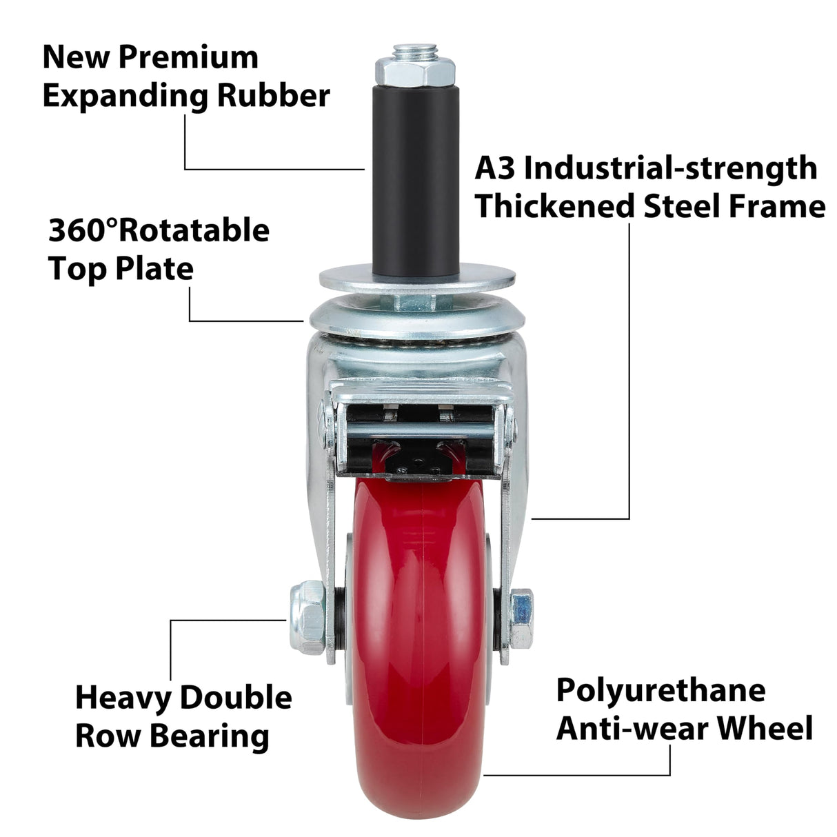 Finnhomy 4 Inch Prep Table Caster Wheels Set of 4 Heavy duty Expanding Stem Casters Fit 7/8", 1", 1-1/2" and 1-5/8" Tube Leg with Brake for Stainless Steel Furniture Legs, Worktable, Kitchen workbench Finnhomy