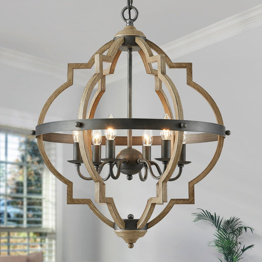 Saint Mossi 6-Lights Farmhouse Chandelier Light Fixture, Rustic Globe Chandelier for Dining Room, Pendant Light Fixtures,H29 x D21, Adjustable Hanging Chain, Wood Grain Metal Frame