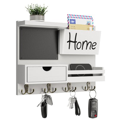 Farmhouse Key Holder for Wall with Mail Organizer - Easy Installation Wall Mount Organizer, Includes Chalkboard, Drawer, Wallet Holder & 4 Double Hooks, Ideal for Entryway, Quick Access - White