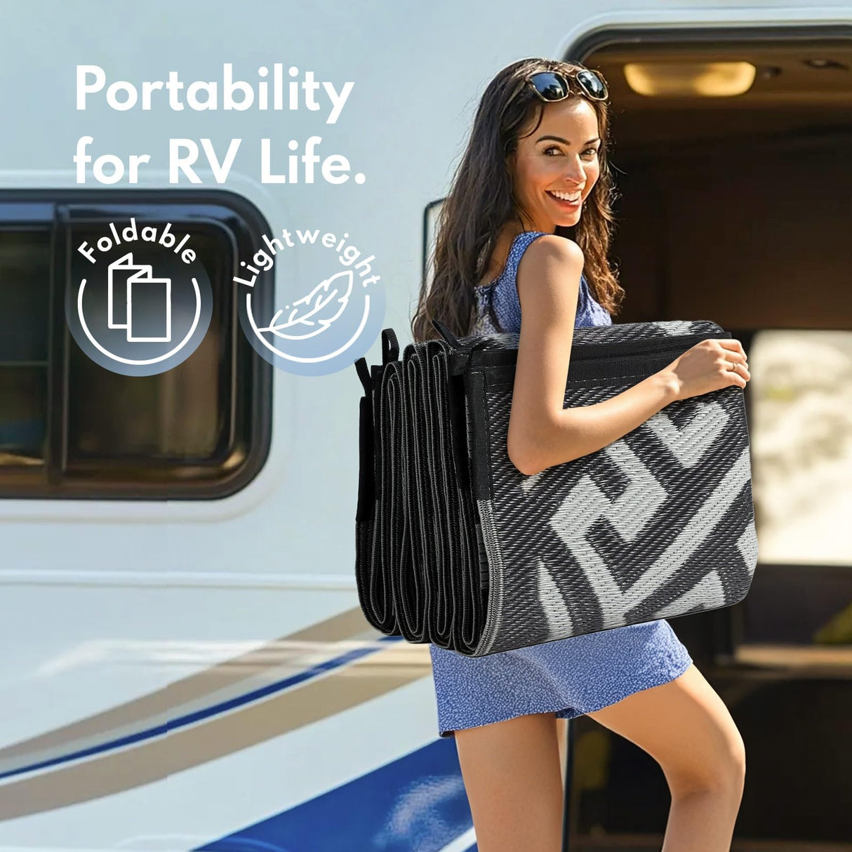 Waterproof Outdoor Rug 5x8 ft, Reversible Plastic Straw Rug, Easy to Clean Patio Rug, Portable Carpet for Patio, RV, Deck, Balcony, Backyard, Picnic, Beach, I-Shaped, Black PASAMIC