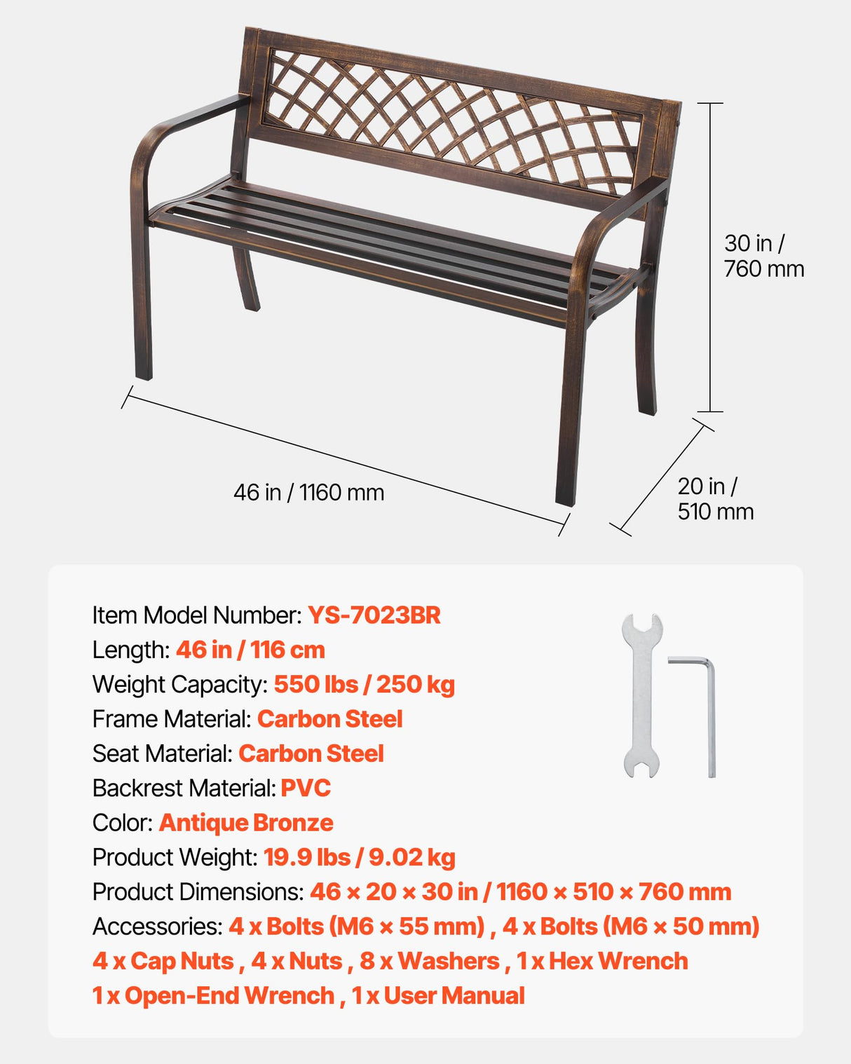 VEVOR Outdoor Bench, 46 inch, Carbon Steel Metal Frame with PVC Mesh Pattern Backrest and Round Edge Armrests, Weatherproof Outside Bench for Patio, Garden, Park, Yard, Front Porch, Antique Bronze VEVOR