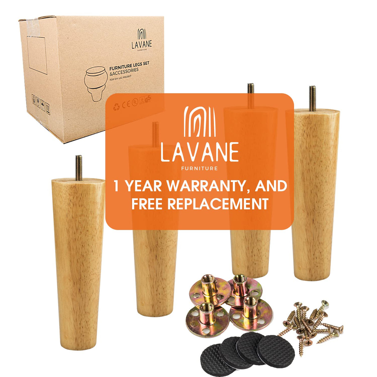 4 inch / 10cm Wooden Furniture Legs, La Vane Set of 4 Solid Wood Tapered M8 Replacement Furniture Feet with Pre-Drilled 5/16 Inch Bolt & Mounting Plate & Screws for Couch Sofa Cabinet Ottoman La Vane