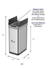 EKO Phantom-T 50 Liter / 13.2 Gallon Vertical Motion Sensor Trash Can, Brushed Stainless Steel Finish EKO