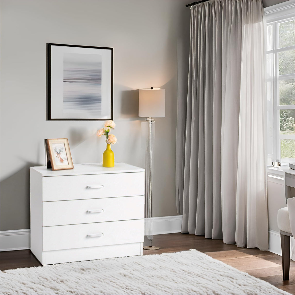 Karl home White 3 Drawer Dresser for Bedroom, Small Nightstand Modern Storage Chest of Drawer Wooden Side Table End Table for Bedroom, Living Room, Reception Room Karl home
