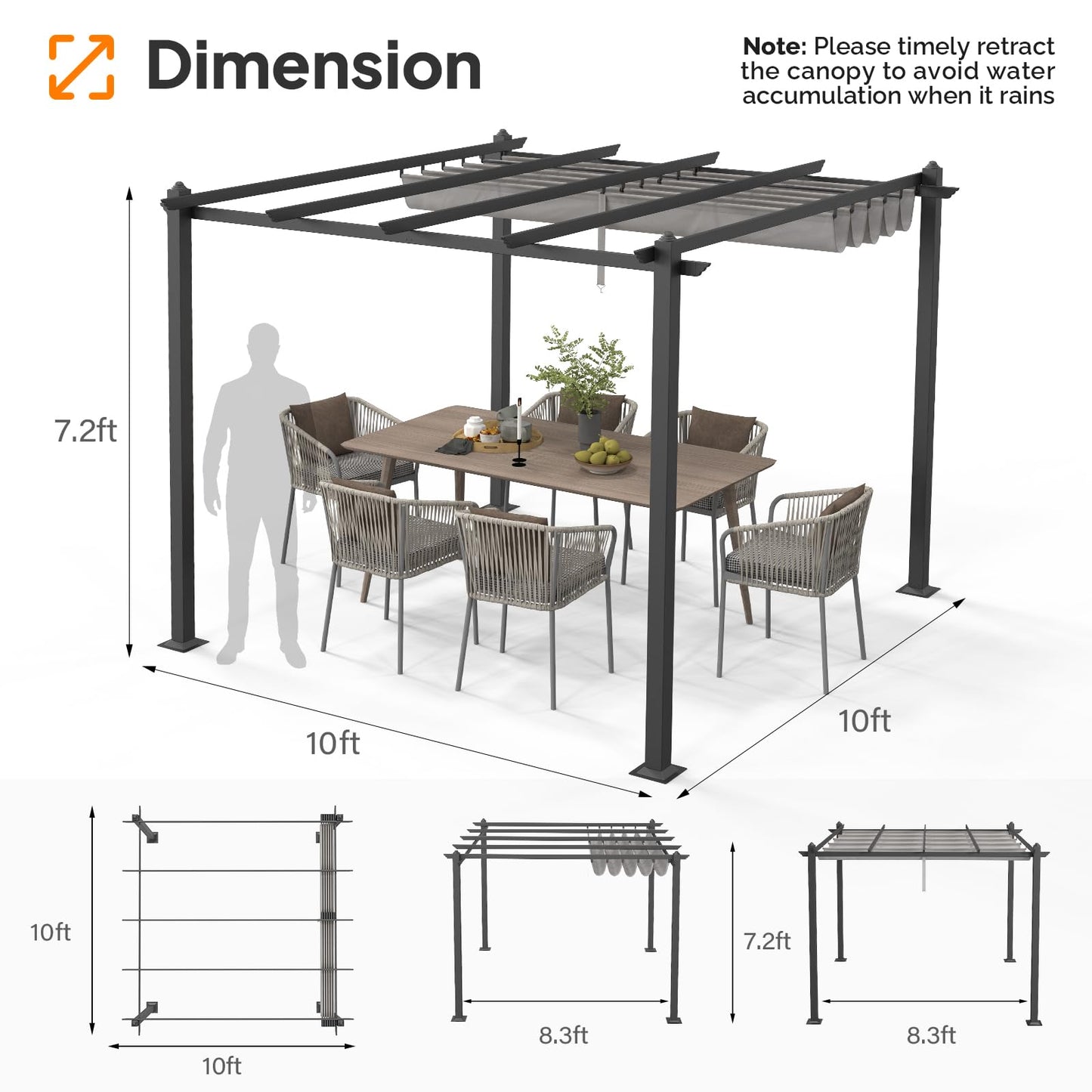 VINGLI 10’x 10' Outdoor Pergola Metal Retractable Pergola Canopy with Adjustable Roof, Garden Pergola for Deck, Porch, Garden, Yard (Gray) - WoodArtSupply