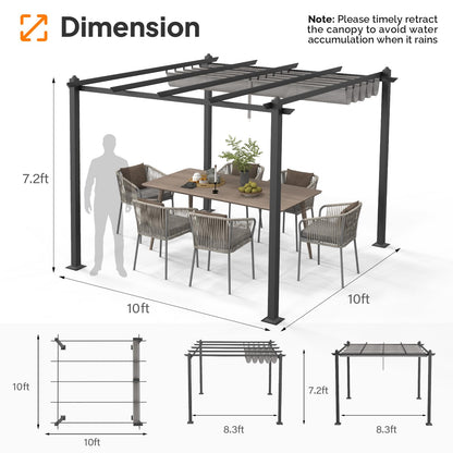 VINGLI 10’x 10' Outdoor Pergola Metal Retractable Pergola Canopy with Adjustable Roof, Garden Pergola for Deck, Porch, Garden, Yard (Gray) - WoodArtSupply