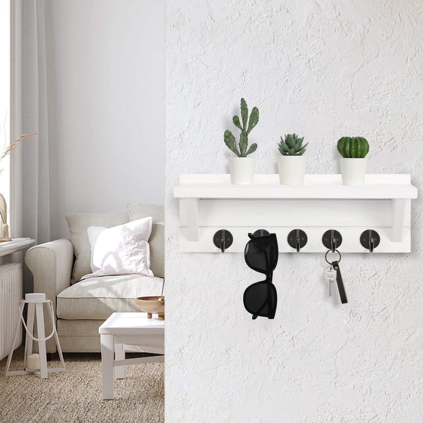 Lwenki Wall Key Holder with Shelf, Rustic Shelf with Hooks Made of Paulownia Wood Holds Keys, Dog Leash, Bags and More - 13.7" W x 4.7" H x 3.5" D Decorative Key Hanger and Entryway Shelf (White)