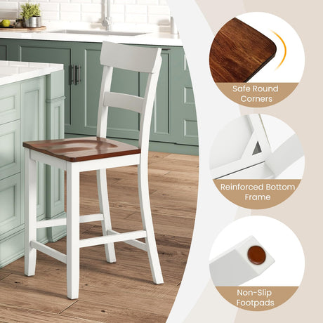 Giantex 24.5" Wooden Bar Stools Set of 2 - Farmhouse Style Rubber Wood Dining Chairs with Backrest & Footrest Giantex