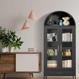 Hipicute Metal Storage Cabinet,73" Tall Arched Pantry Cabinet,Modern Farmhouse Arched Bookcase with Glass Door, 2 Adjustable Shelves & Drawers,Versatile Cupboard,Freestanding Display Cabinet Black Hipicute