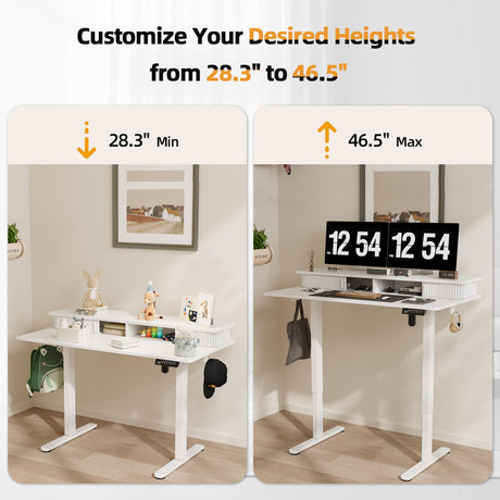 JOY worker Height Adjustable Electric Standing Desk with Storage Shelves, 48 Inch Table with Built-in Monitor Stand, Sit Stand Desk with 2 Hooks for Home Office, White JOY worker