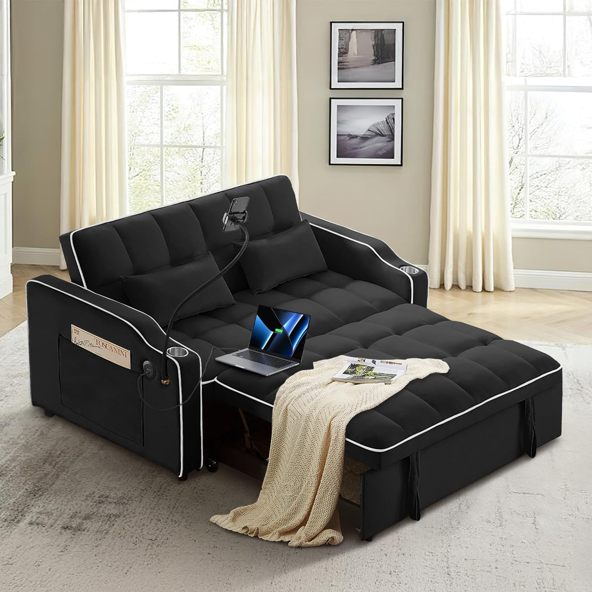 KINFFICT Sleeper Sofa Couch Bed with Phone Holder, Modern 3-in-1 Convertible Velvet Pull Out Loveseat Futon Sofa with USB & Type C Port & Cup Holder for Living Room Bedroom Office KINFFICT