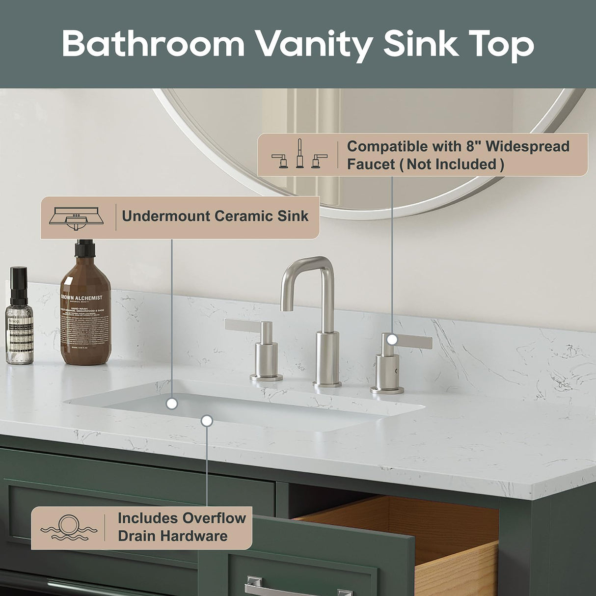 DELUXE LIVING 60 Inch Bathroom Vanity with Sink, Single Sink Bathroom Vanity with Adjustable Feets, Modern Bathroom Storage Cabinet with Soft Closing Doors & Dovetail Drawers, Green DELUXE LIVING