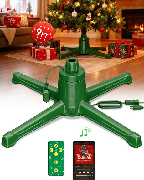 HOPOCO Musical Rotating Christmas Tree Stand with Memory Function, Built-in 6 Outlets 800W, Anti-tilt Noiseless 360 Degree Spinning Stand with Remote and Speaker, Up to 9ft 120 lb Artificial Trees HOPOCO