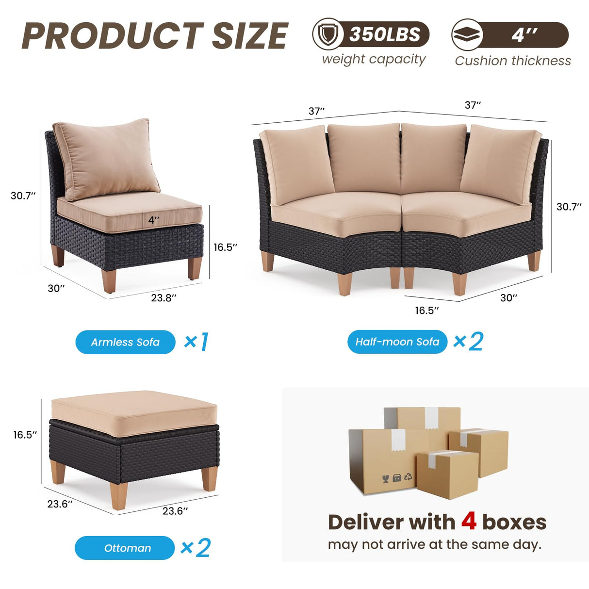 Soohow Half-Moon Patio Conversation Set, 7 Piece Outdoor Sectional Furniture Set with Cushions, Wicker Patio Conversation Set Outdoor Sectional Sofa, All-Weather for Garden, Backyard and Poolside Soohow