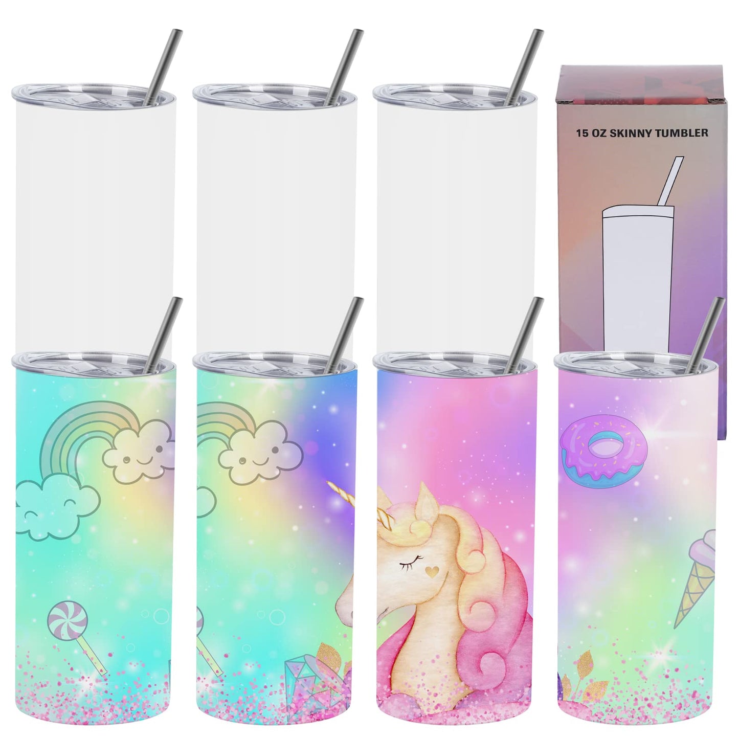 Wzaytia 15 Oz Sublimation Tumblers Blank (8 Pack), Skinny Straight Kids Sublimation Tumblers Bulk, Individually Gift Boxed, White Tumblers Sublimation