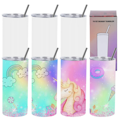 Wzaytia 15 Oz Sublimation Tumblers Blank (8 Pack), Skinny Straight Kids Sublimation Tumblers Bulk, Individually Gift Boxed, White Tumblers Sublimation Wzaytia