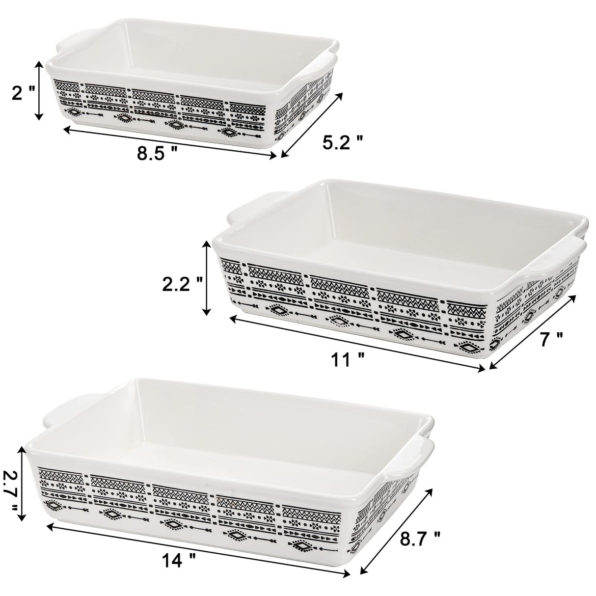 YOUEON Set of 3 Ceramic Baking Dish with Handles, Porcelain Bakeware Set with Boho Pattern, Casserole Dish, Lasagna Pans, Rectangular Baking Dish for Kitchen, Cooking, Cake Dinner Youeon