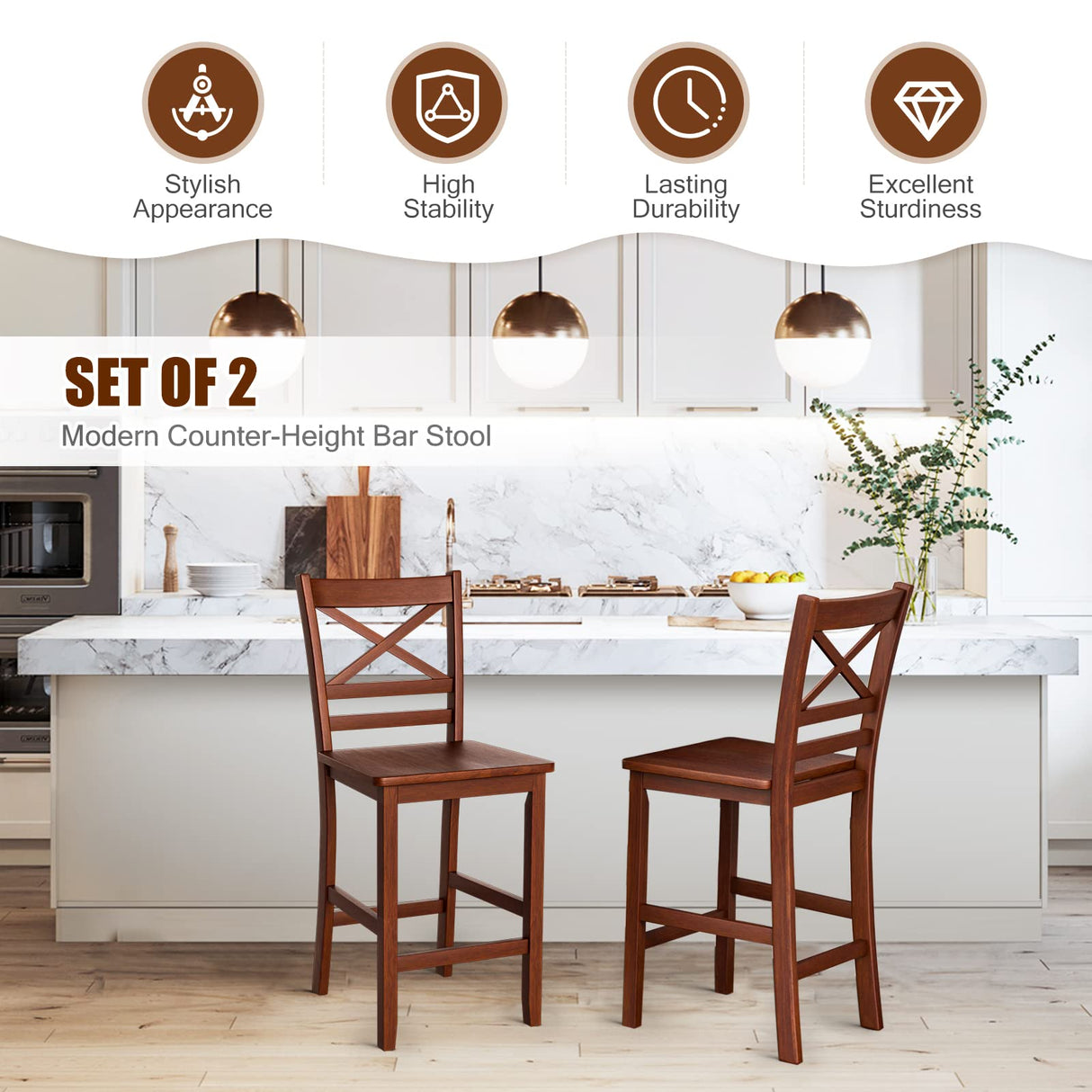 COSTWAY Bar Stools Set of 2, 25'' Antique Kitchen Counter Height Chairs with Wooden X-Shaped Backrest & Rubber Wood Legs, Suitable for Home, Cafe COSTWAY