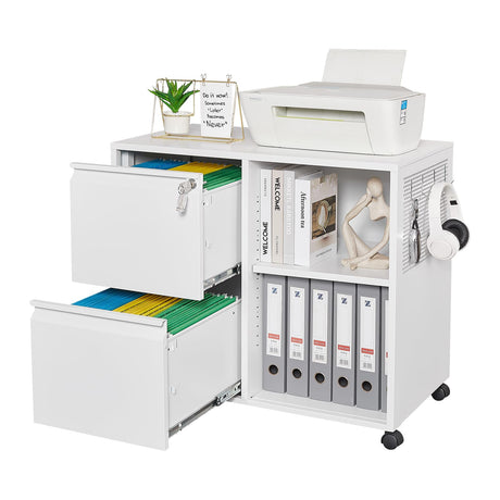 Yizosh 2-Drawer Metal File Cabinet with Lock, Mobile Lateral Filing Cabinet, Printer Stand with Adjustable Storage Shelves for Home Office (White) Yizosh